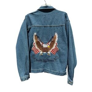 Smith & Wesson Mens Denim Jacket Blue Eagle American Flag Embroidered Small S